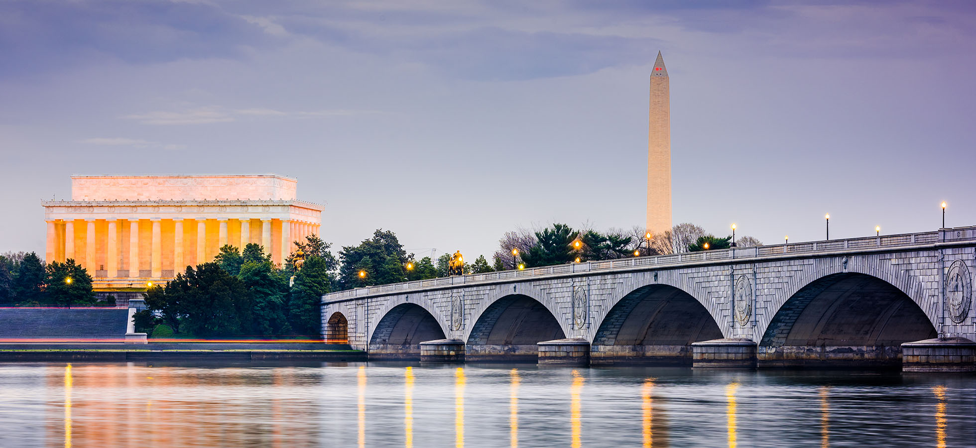 The Potomac River, Lincoln Memorial and Washington Monument at dusk.