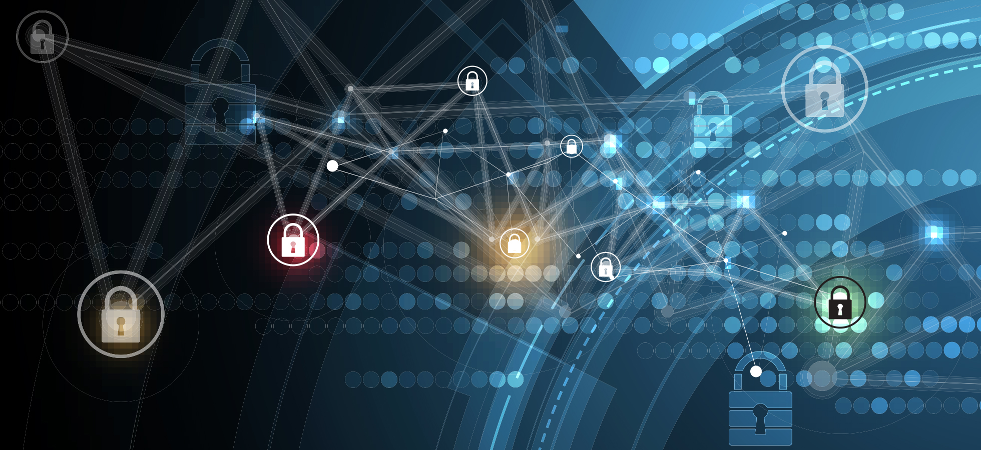 Photo of a blue-toned padlock superimposed over a microchip to promote a Cybersecurity WiFi hacking challenge at Assumption University in Worcester, Massachusetts