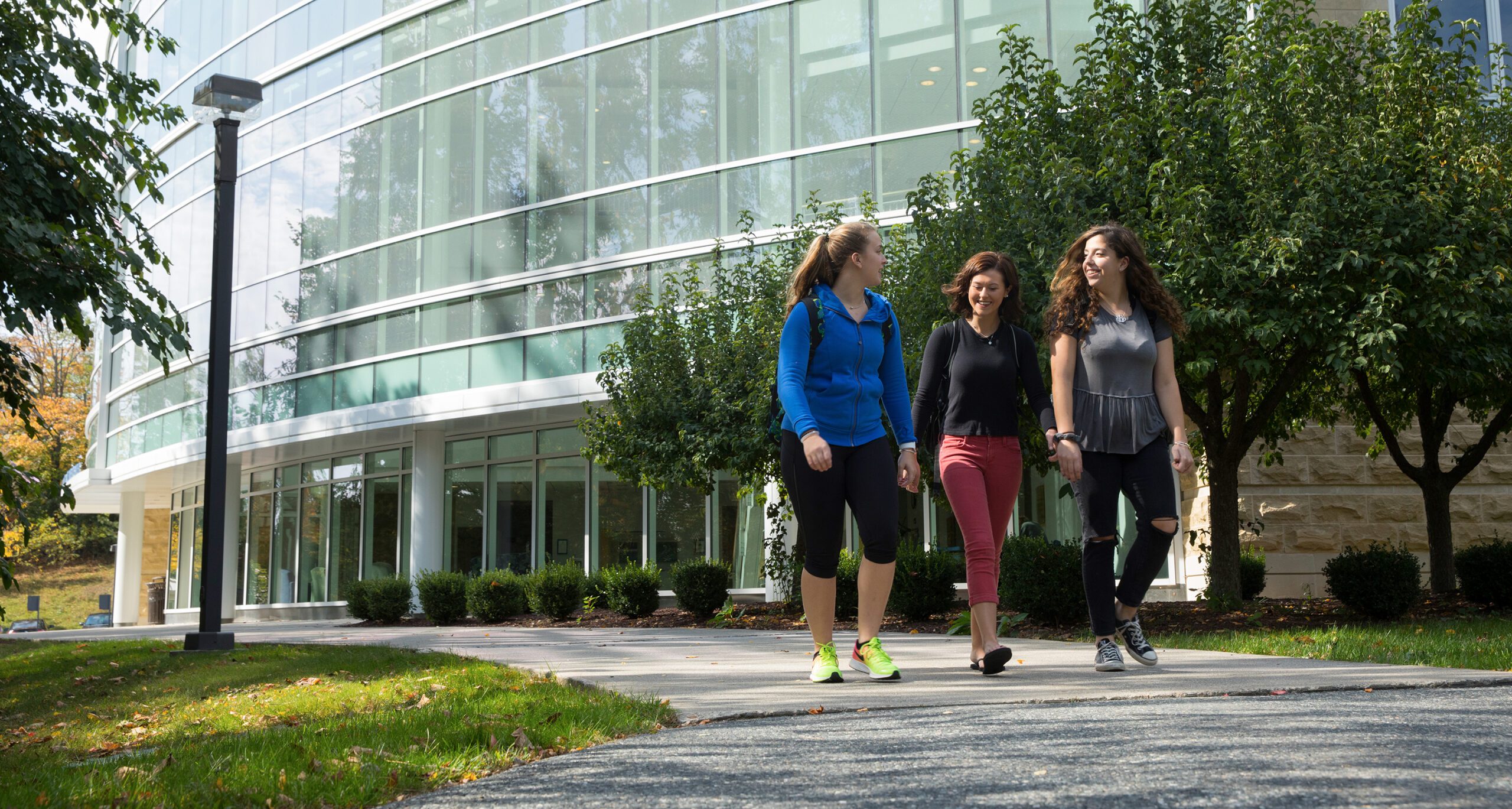 Assumption students walking in front of the state-of-the-art Testa Science Center in Worcester, Massachusetts