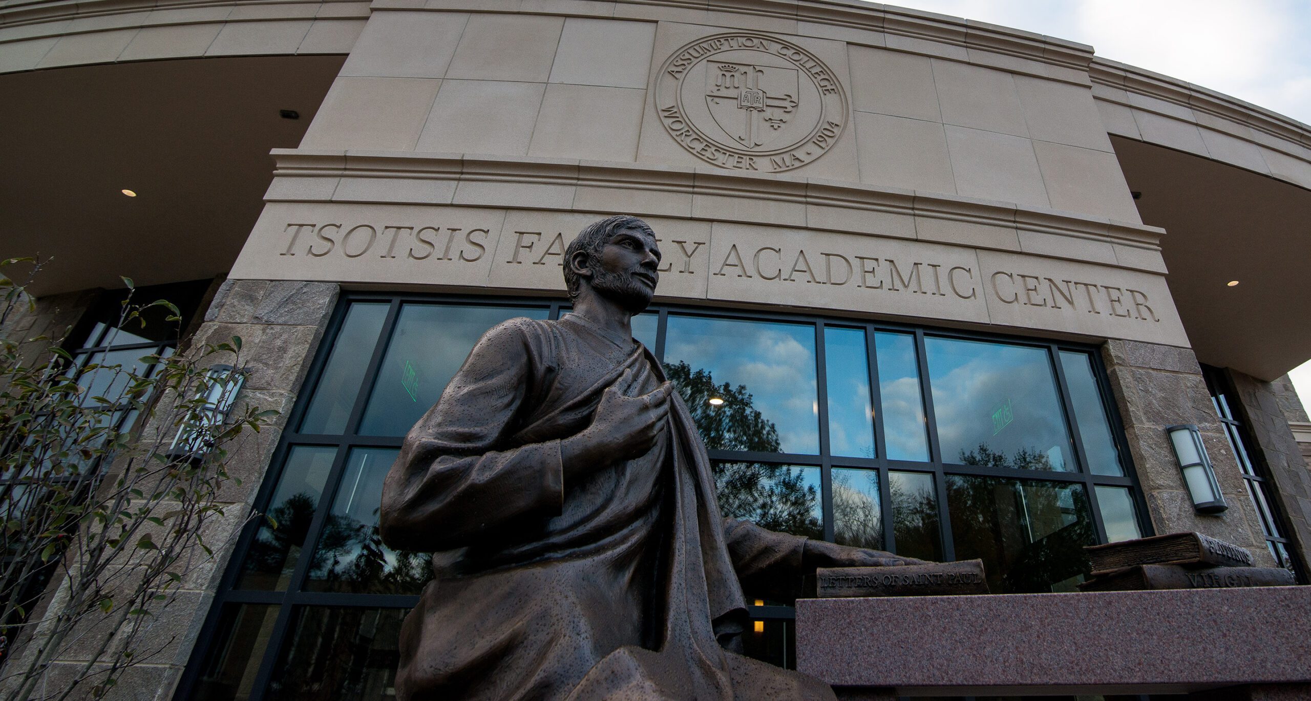 The facade of the Tsotsis Family Academic Center on the Assumption campus in Worcester, Massachusetts.