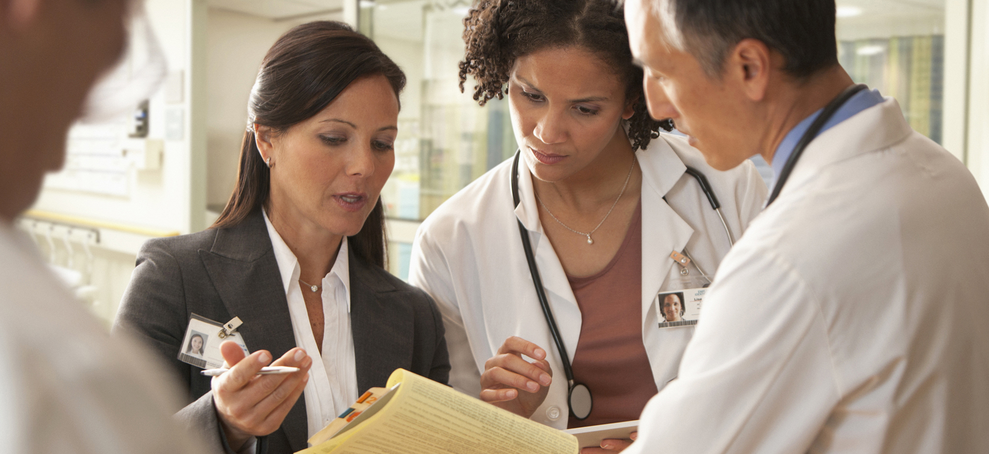 Doctors and a health advocate discuss a patient's care. Assumption's Master of Arts in Health Advocacy imparts the knowledge, skills, competencies and habits of mind necessary for aspiring and established healthcare professionals to pursue careers in case management and health advocacy.