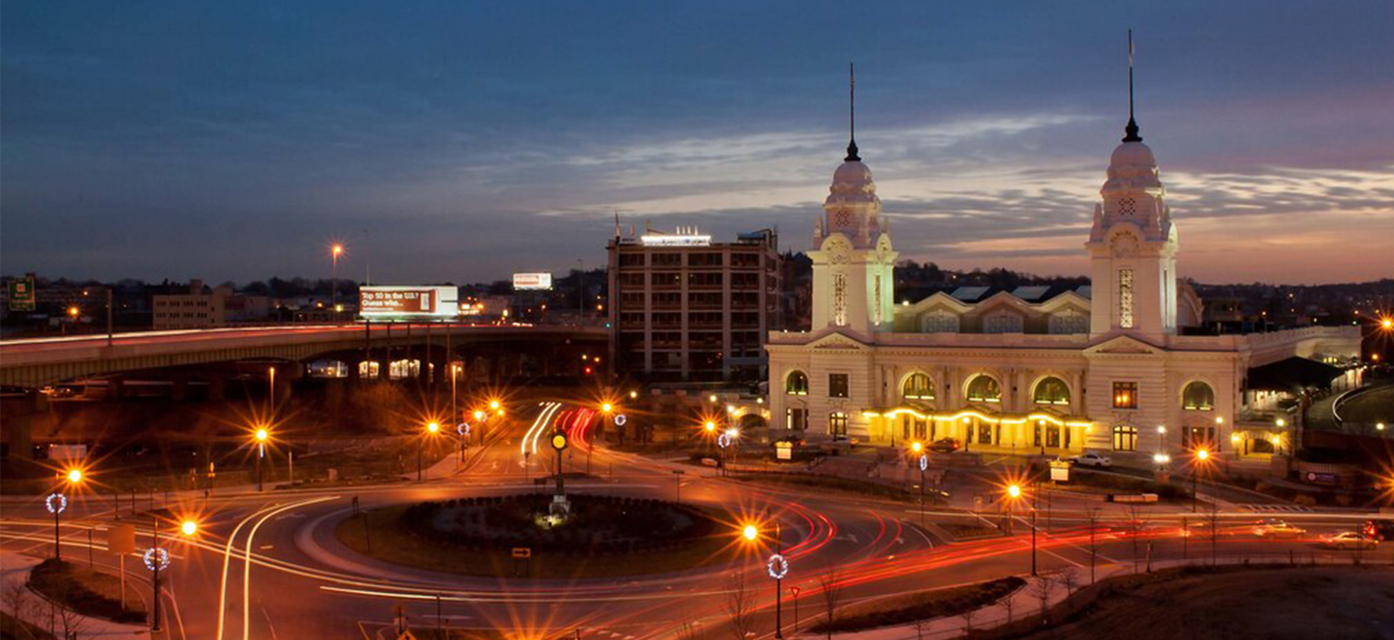 Time lapse photo of Worcester's Union Station at dusk.