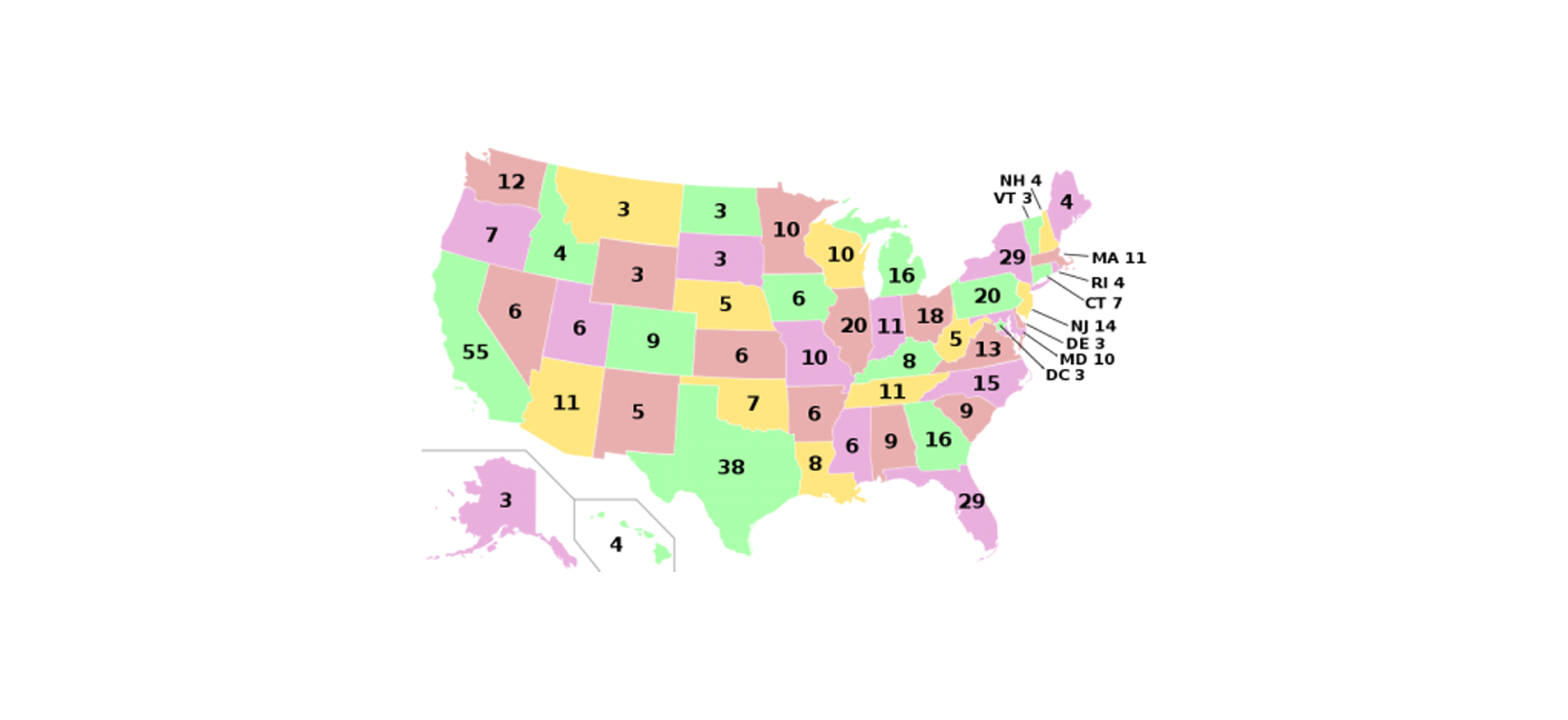 A color-coded map of the United States indicating each state's number of electoral college votes. Assumption University Provost Greg Weiner, Ph.D. will host a discussion on why the Electoral College exists on October 28.