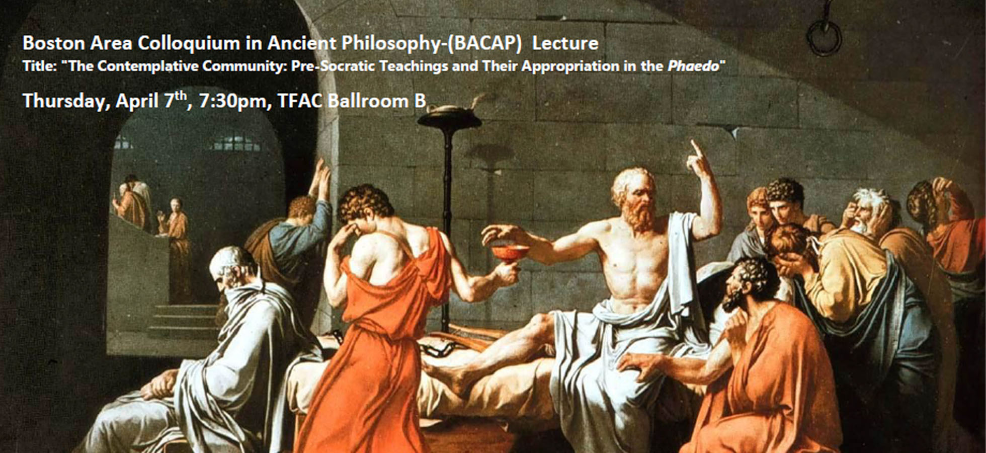 Graphic to promote the Contemplative Community: Pre-Socratic Teachings and Their Appropriation in the Phaedo presented by Prof. Marina Marren at Assumption University.