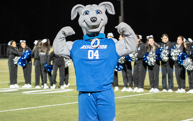 Pierre the Assumption University mascot on the football field with cheerleaders