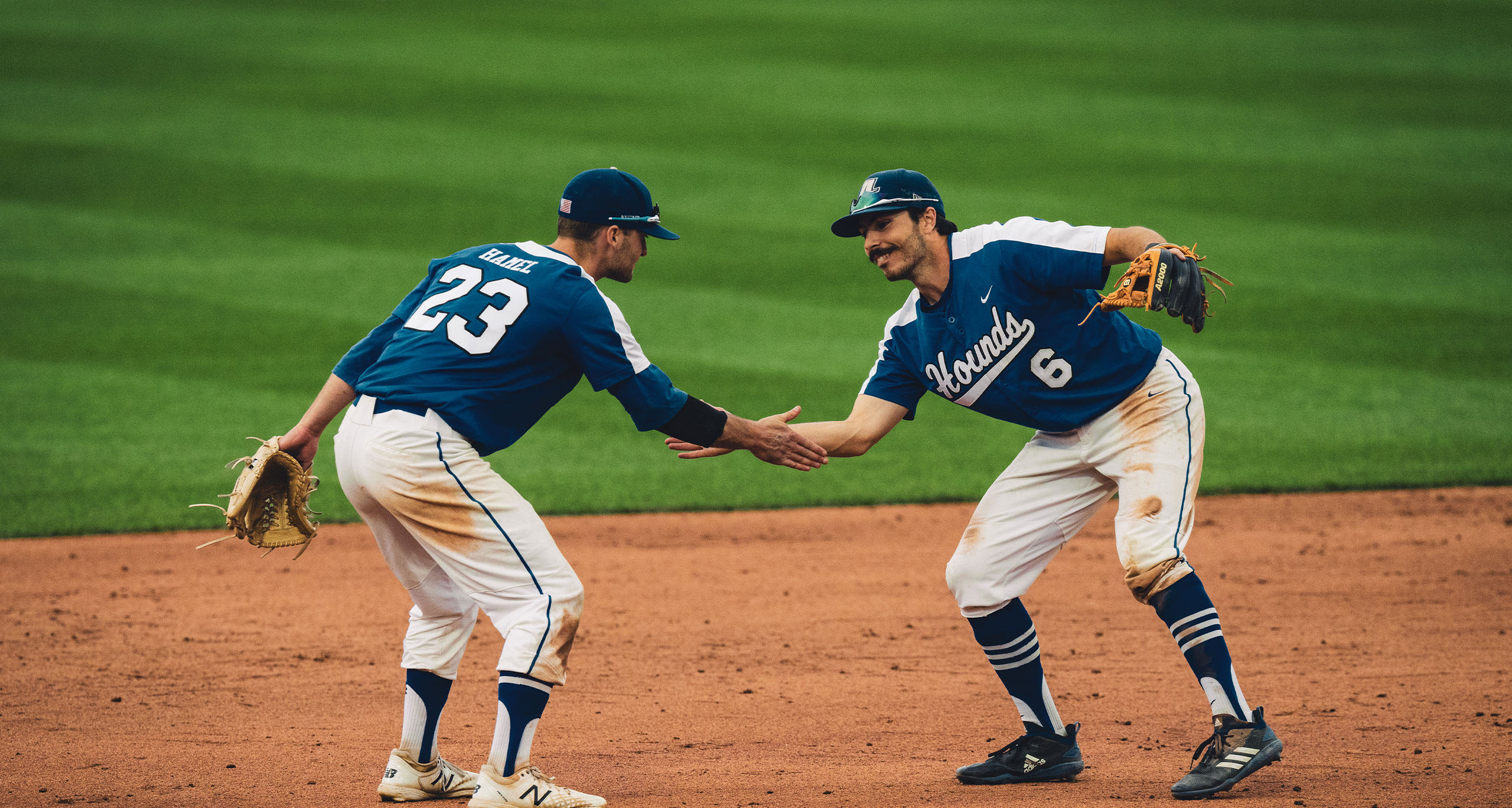 Assumption baseball players celebrate during a game